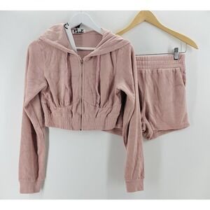 TIC TOC Woman's Pink Terry Velour 2‎ Piece Cropped Hoodie Shorts Set R1016